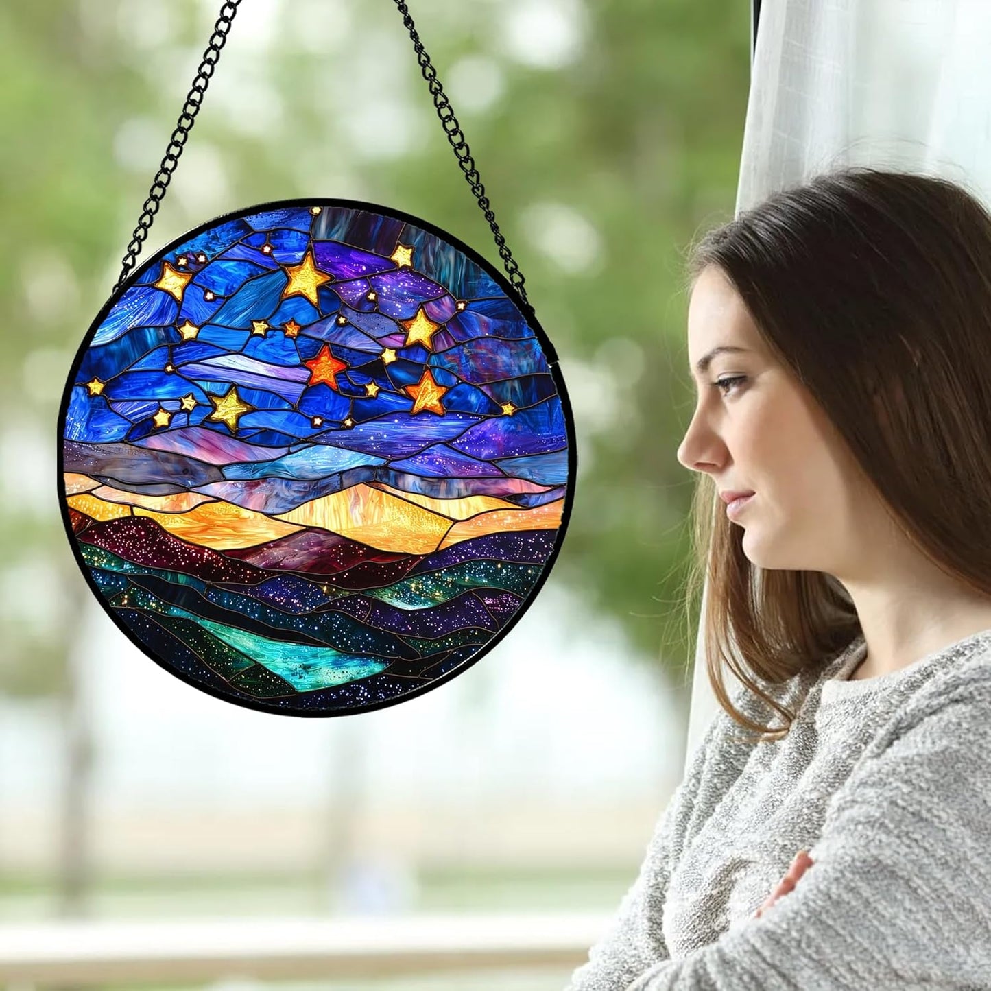 Stained Glass Window Hanging, Blue Sky Gold Stars Abstract Landscape Suncatcher for Doors Window Home Sun Catchers Decor Mother's Day Birthday Gifts for Women, Men Mom 9.8 in
