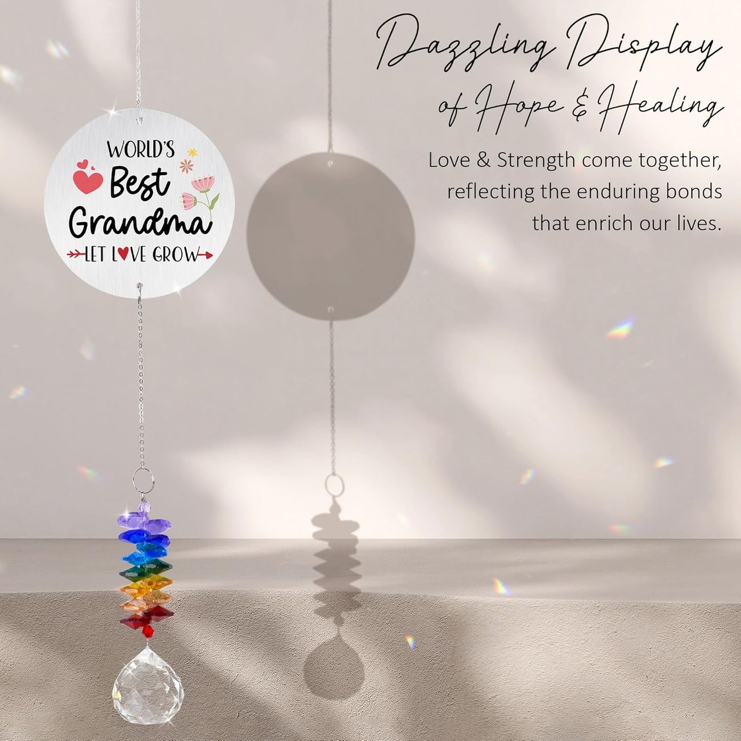 Aluminum Ornament Suncatcher - World 's Best Grandma Birthday Gift for Grandma, Mom - Unique Gift from Daughter, Granddaughters - Crystal Rainbow Maker - Home & Garden Decor