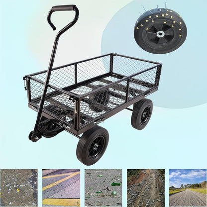 Heavy-Duty Solid Tire Garden Dump Cart - 4.86 cu. ft. Yard Wagon Cart with 600 LBS Capacity & Spacious Mesh Bed (37" x 19.5") - No-Flat Tires, Utility Wagon