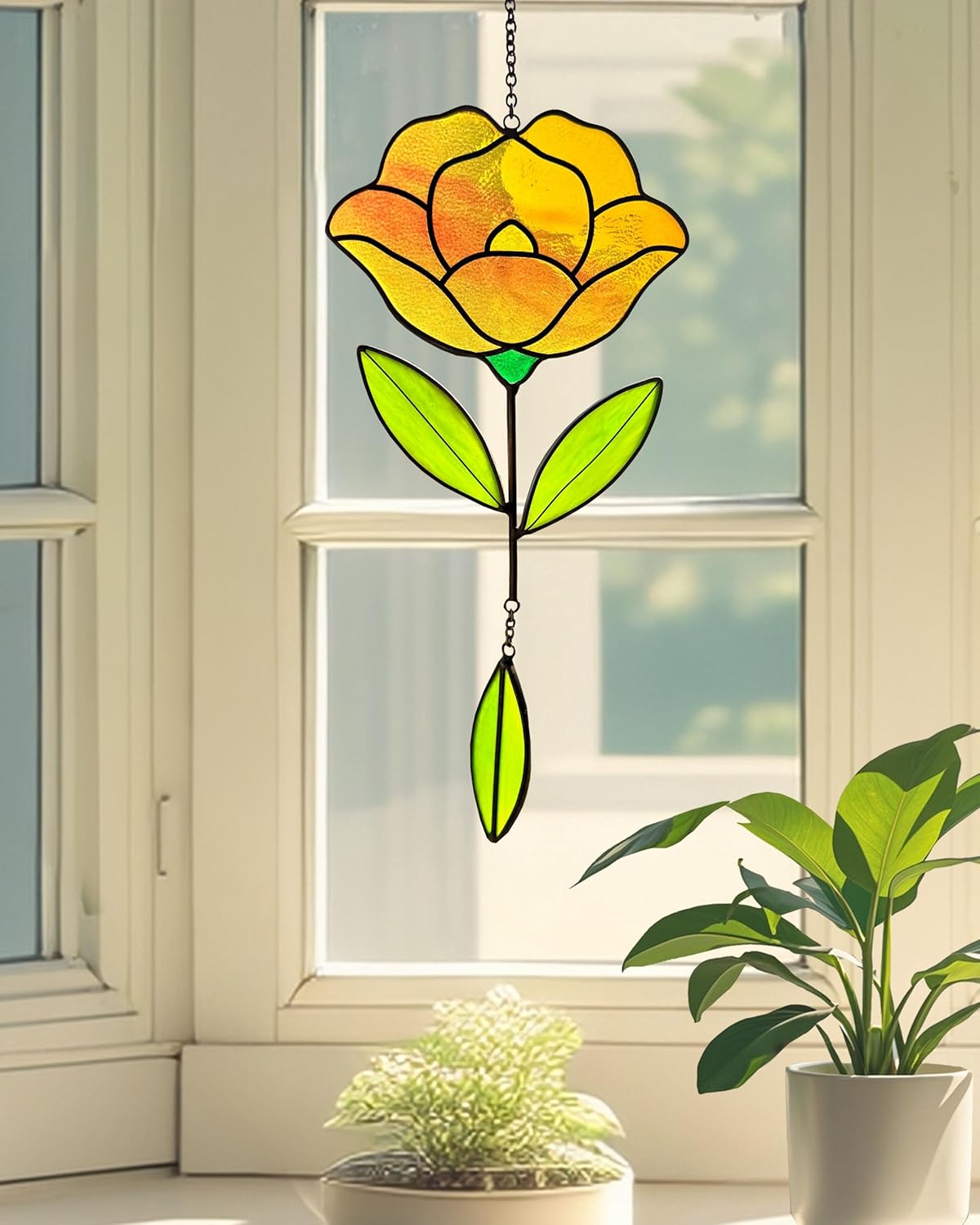 Flower Suncatchers, Stained Glass Window Hangings, Garden Suncatchers for Window and Wall Decor (B-Yellow)