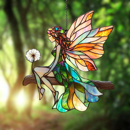 Cute Fairy Acrylic Suncatcher Stained Glass Effect Window Car Hanging Christmas Ornament Indoor Outdoor Decor Garden Sun Catcher Panel Gifts for Fairy Tale Lover for Women Mom Grandma