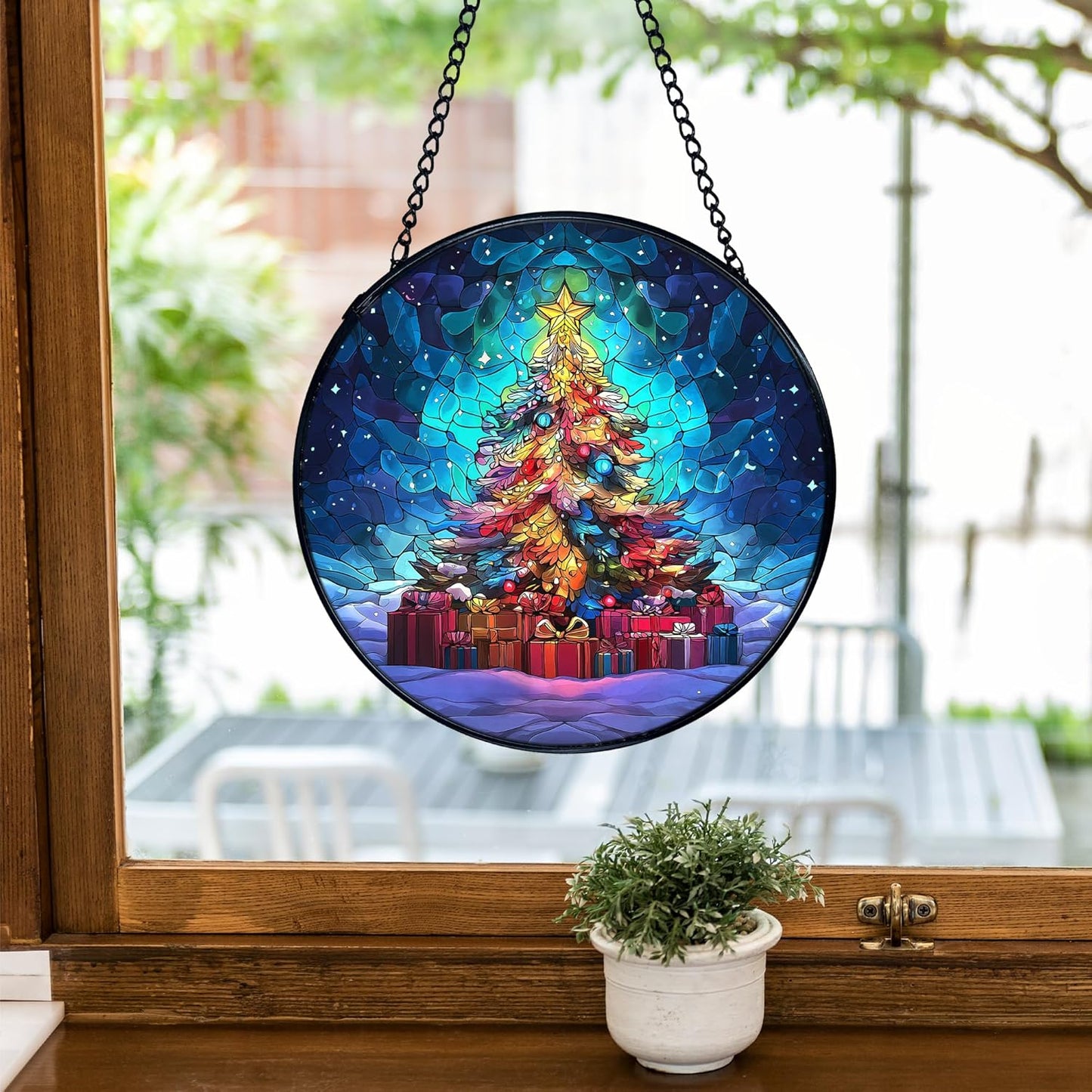 TNUW Christmas Tree Stained Glass Window Hanging, Rustic Winter Holiday Xmas Tree Sun Catchers Indoor Window Glass Round Wall Art Decor, Christmas Wall Hanging Decorations, 7.9＂x7.9＂