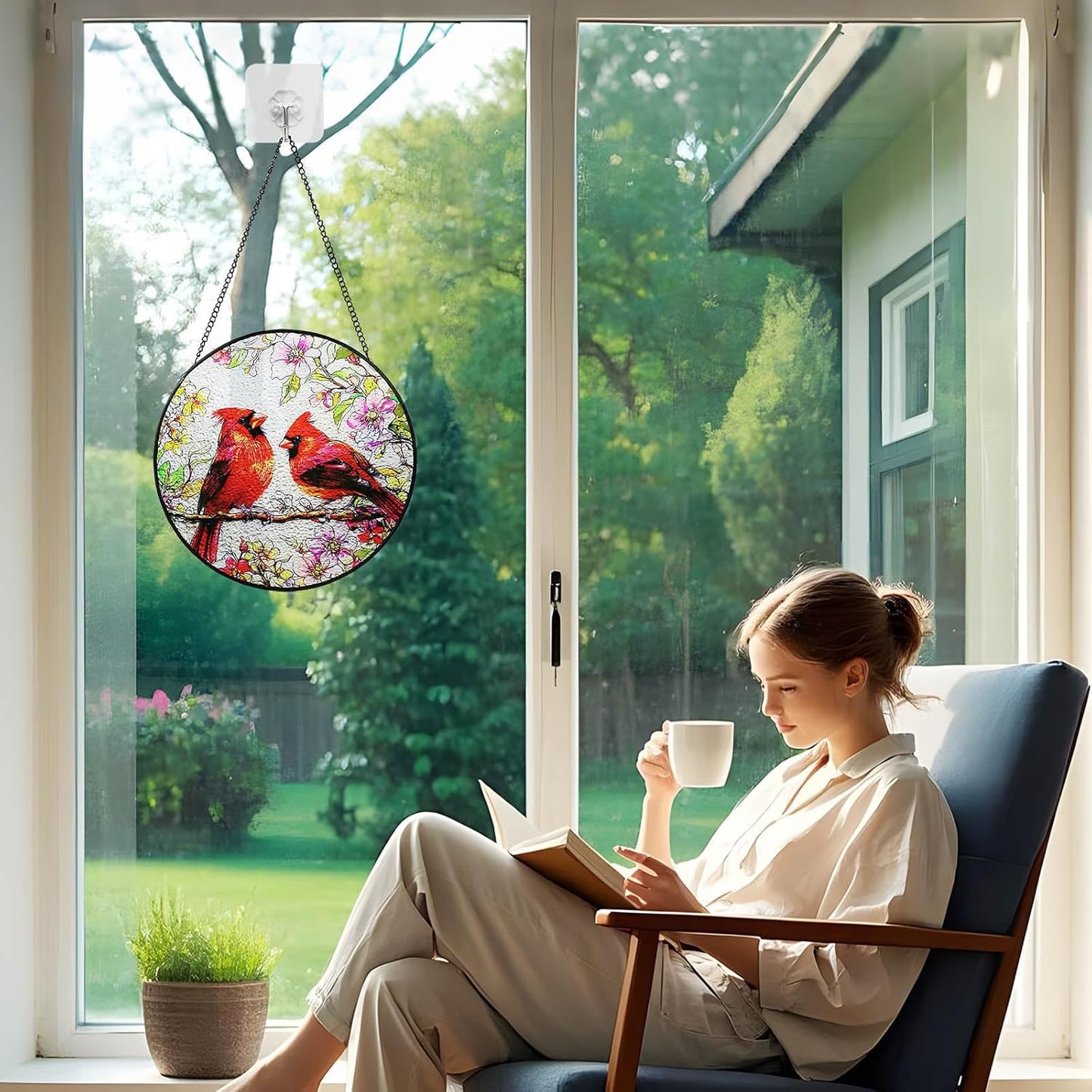 Cardinal Stained Glass Suncatcher, 7.87" Round Red Bird Stain Glass Window Hanging Panels (Indoor/Outdoor, Wall/Garden), Cardinal Gifts for Grandma, Window Decorations for Women & Bird Lover