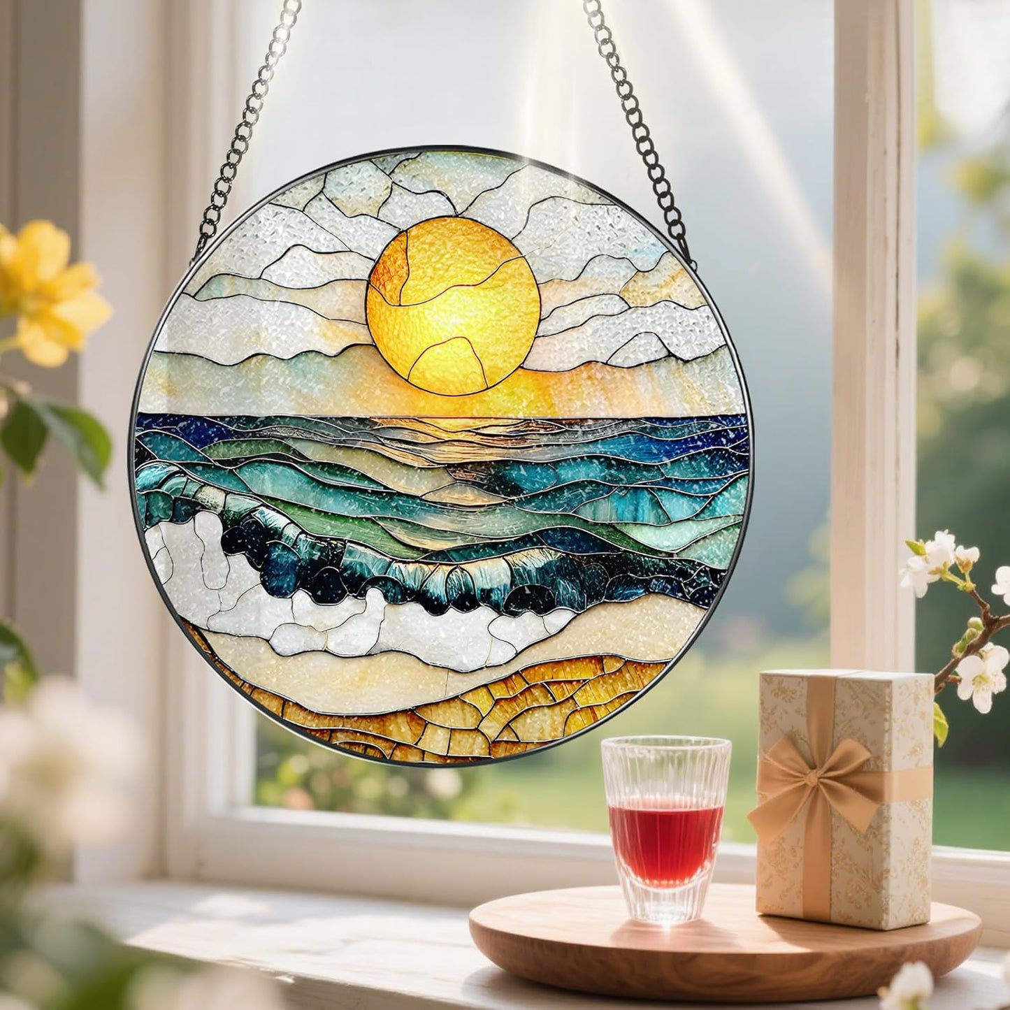 8-Inch Stained Glass Ornament, Stained Glass Window Hanging, Window Hanging Decor Suncatcher, Beach Sunset Ornament | Summer Vibes Gift | Gifts for Beach Lovers, Friend & Family