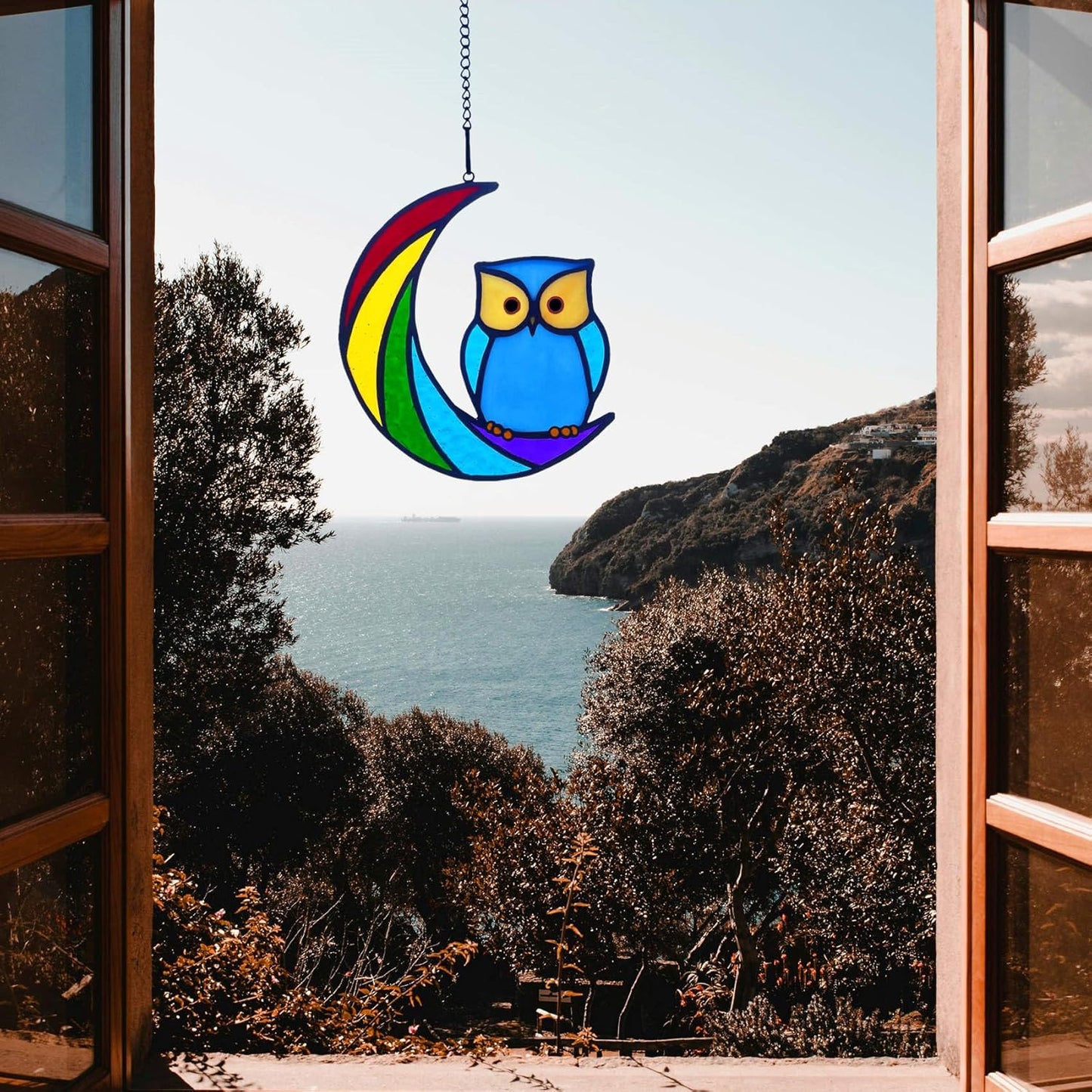 Stained Glass Owl Suncatcher Window Hanging Ornament, Stained Glass Birds Suncatcher for Window Decor,Owl Gifts for Women, Mom