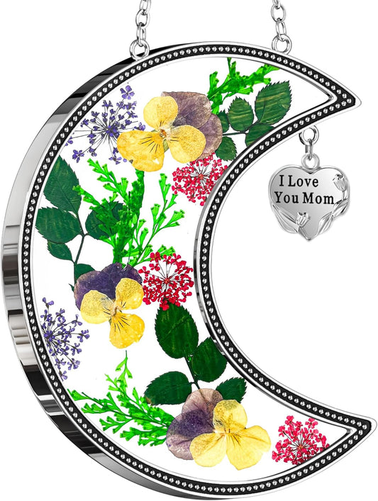 KY&BOSAM Moon Suncatcher Mom Gifts Stained Glass for Window Hangings Wind Chimes Decor with Pressed