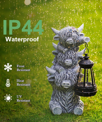 Solar Highland Cow Outdoor Decor:Garden Statue Outside Lantern Ornaments for Yard Lawn Patio Porch- Unique Gifts for Mom Women Grandma(Grey)