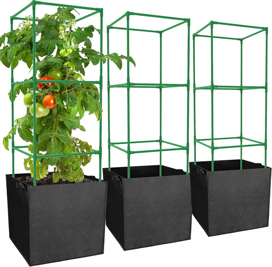 3 Packs 47 x 16 x 16 Inch Garden Tomato Cages with 17.7 Gallon Grow Bags- Square Plant Support