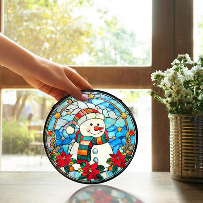 TNUW Snowman Christmas Stained Glass Window Hanging, Snowman Winter Xmas Flowers Sun Catchers Indoor Window Glass Round Wall Art Decor, Christmas Wall Hanging Decorations, 7.9＂x7.9＂
