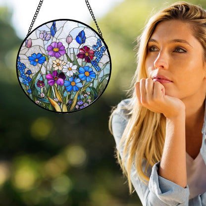 Stained Glass Window Hanging Blue Purple Wildflowers 9.8" - Suncatcher Door Garden Sunroom Sun Catcher Home Decor Birthday Christmas for Mom Men Woman Nana Friend