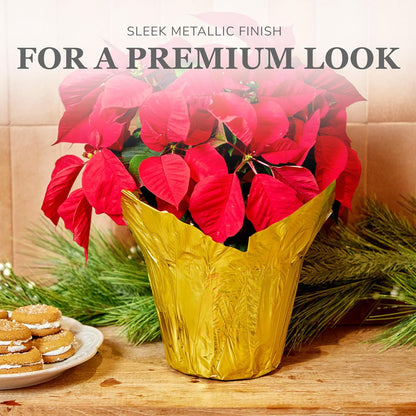 4.5” STD Plant Pot Covers, Decorative Plant Sleeve for Indoor & Outdoor House Plants, Reusable and Gift-Ready Foil Wrap for Flower Pots, Gold, Pack of 5