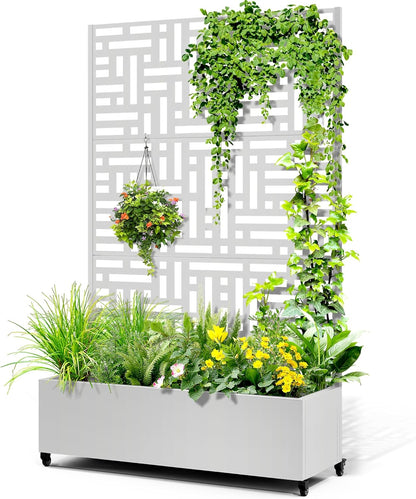 Metal Raised Garden Bed with Trellis, 2-in-1 Planter Box & Privacy Screen for Climbing Plants, Outdoor Standing Flower Bed with Drainage Holes, 47.2" L x 16.7" W x 70.8" H, White-Helen