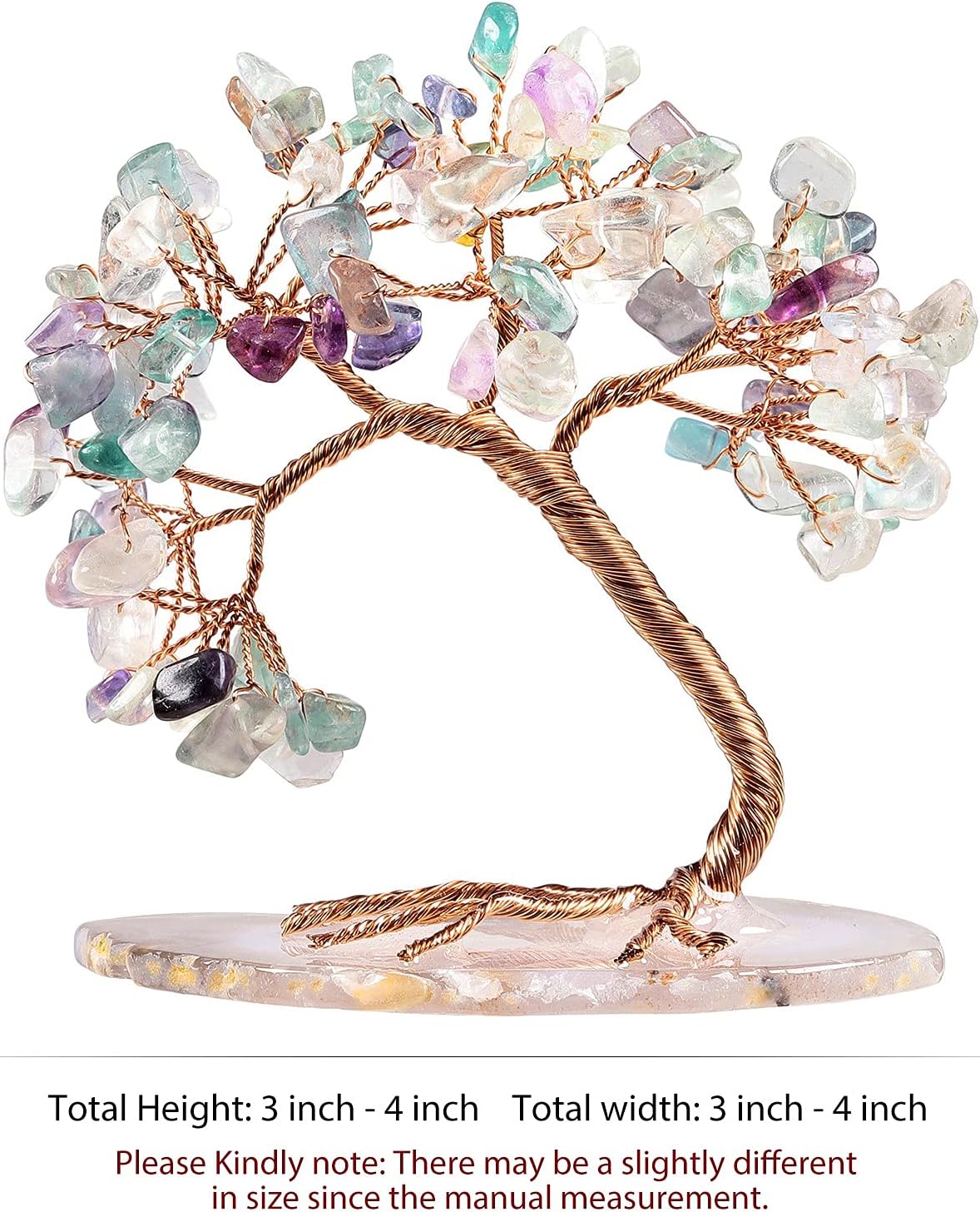 TUMBEELLUWA Reiki Crystal Money Tree with Agate Slice Base Feng Shui Stone Bonsai Tree Figure Decor for Happiness Good Luck and Wealth, Fluorite