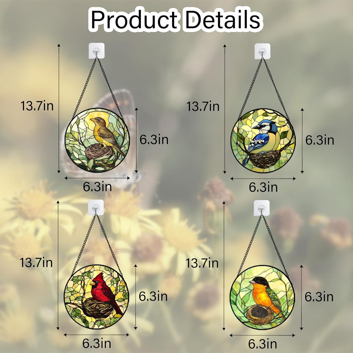 Stained Glass Window Hanging 4 Pcs Set Bird Theme On Branch 6.3" - Cardinal Suncatcher Door Garden Sun Catcher Decor Birthday Christmas for Mom Woman Nana Men