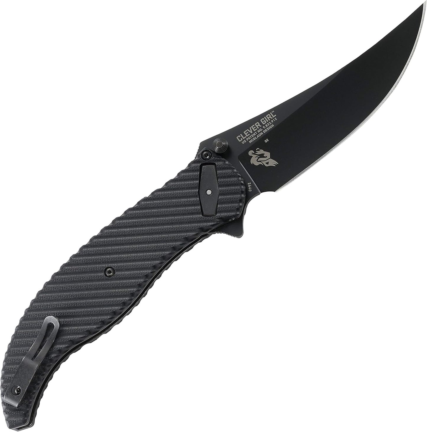 CRKT Clever Girl Folding Pocket Knife: Heavy Duty Everyday Carry, Black Blade, Flipper Open, Deadbolt Button Lock, IKBS Ball Bearing Pivot, G10 Handle 2640