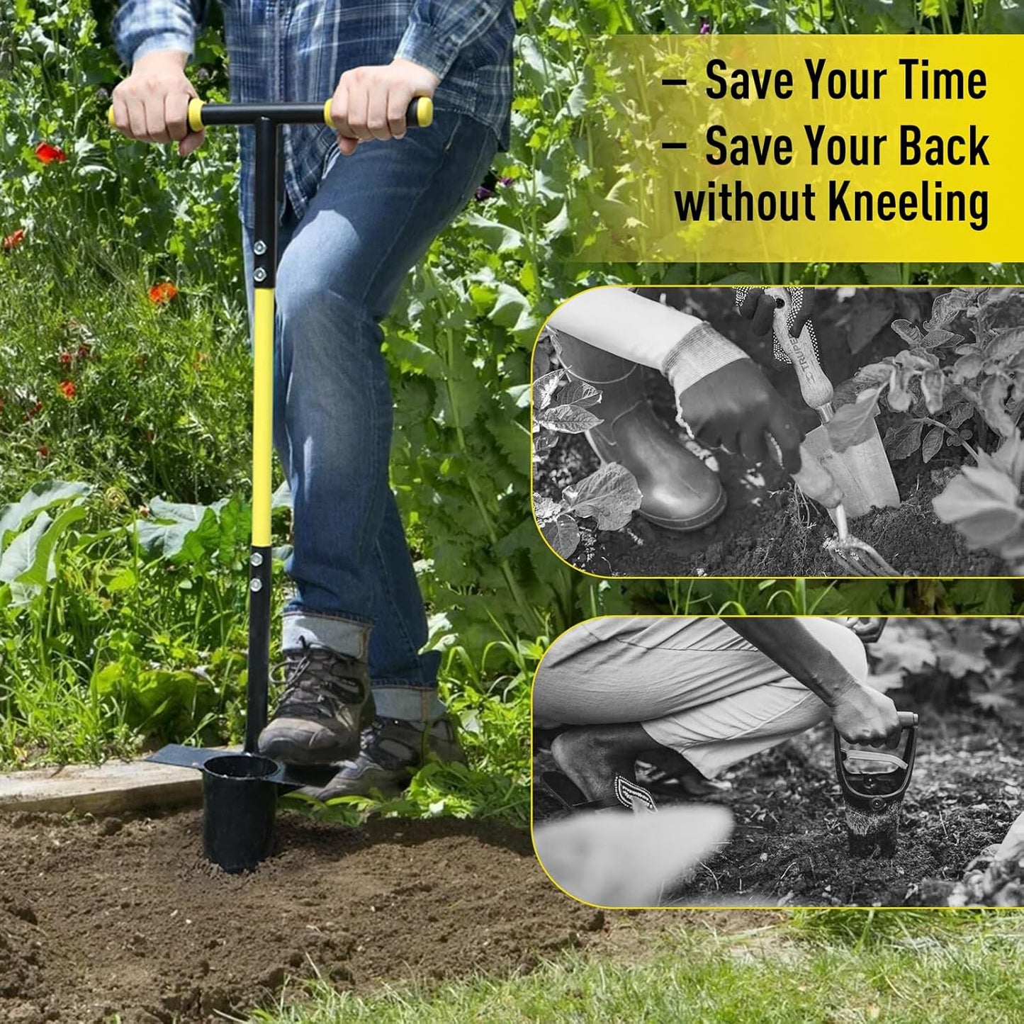 Jardineer Bulb Planter Tool Long Handle, Heavy Duty Stainless Steel Garden Transplanter with Ergonomic Handle, Ideal for Planting Bulbs, Seedlings, Flowers & Vegetables, Durable Gardening Hand Tool