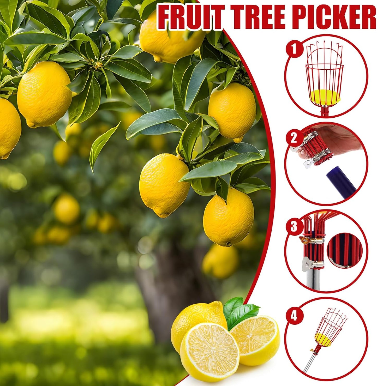 4 Pack Fruit Picker Pole Tools 11.5 ft Fruit Picker Pole with Basket Telescoping and 35-63 Inch Adjustable Apple Picking Tool Berry Rake Scoop and Storage Bag for Mango Lemon Orange Avocado