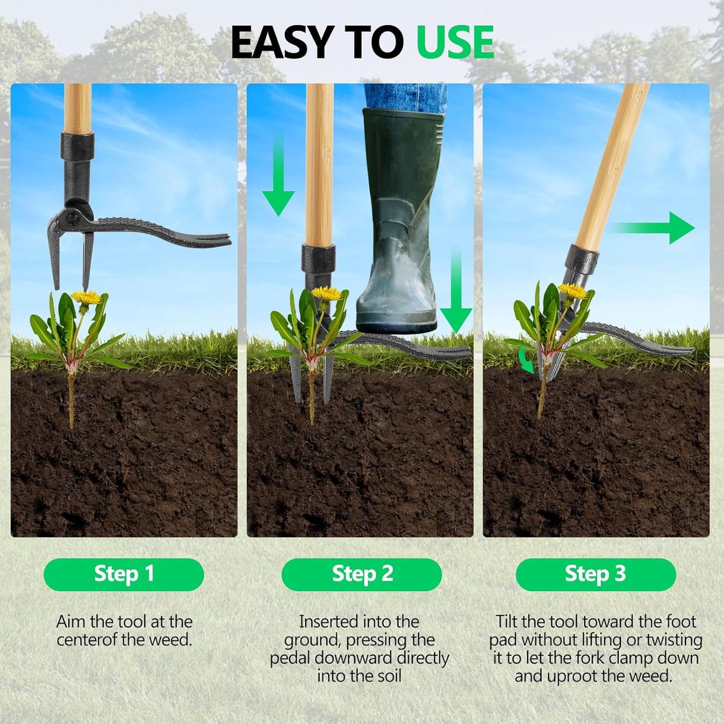 BellaJoyz Weed Puller, Stand Up Weed Puller Tool with Long Handle & 4-Claw Steel Head, 3-Sectioal Pole Design, Garden Hand Weeding Tool - Easily Remove Weeds Without Bending, Pulling,or Kneeling