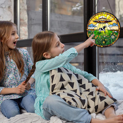 Cow Wildflowers Stained Glass Window Hanging UFO Abduction Sun Catcher Funny Gifts for Women Room Decor Handmade SunCatcher Decoration for Home Window Decor, 7.87inch