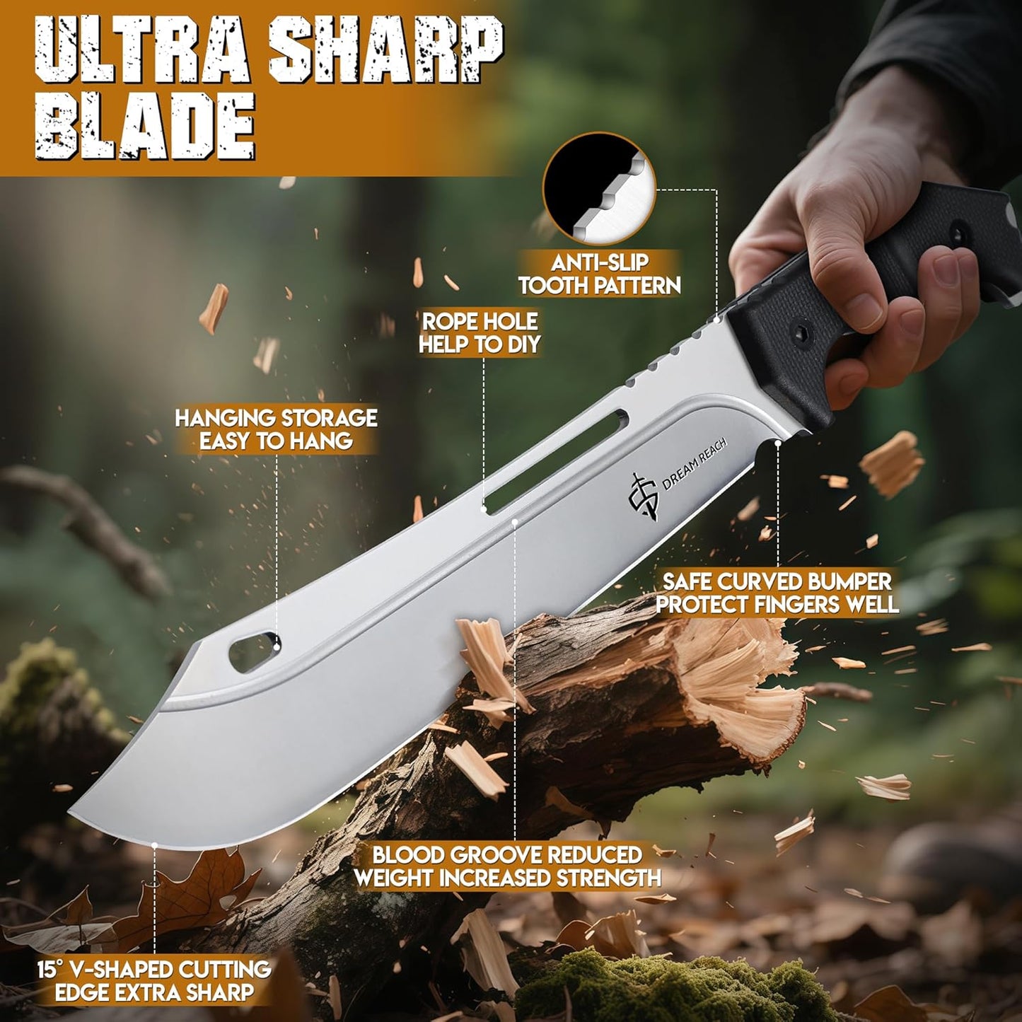 Dream Reach Heavy Duty Machete - Portable Full Tang Outdoor Knife with Sheath Strap for Camping Hiking Gift for Men 9.6 Inches