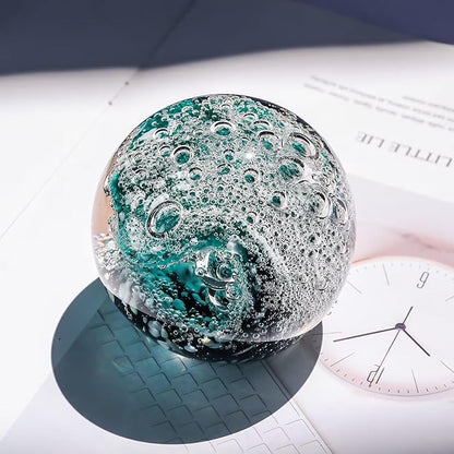 Decorative Crystal Ball Figurines Ocean Waves Paperweight Blown Glass Decor Sea Art Ocean Lovers Gift Green White 3.15"