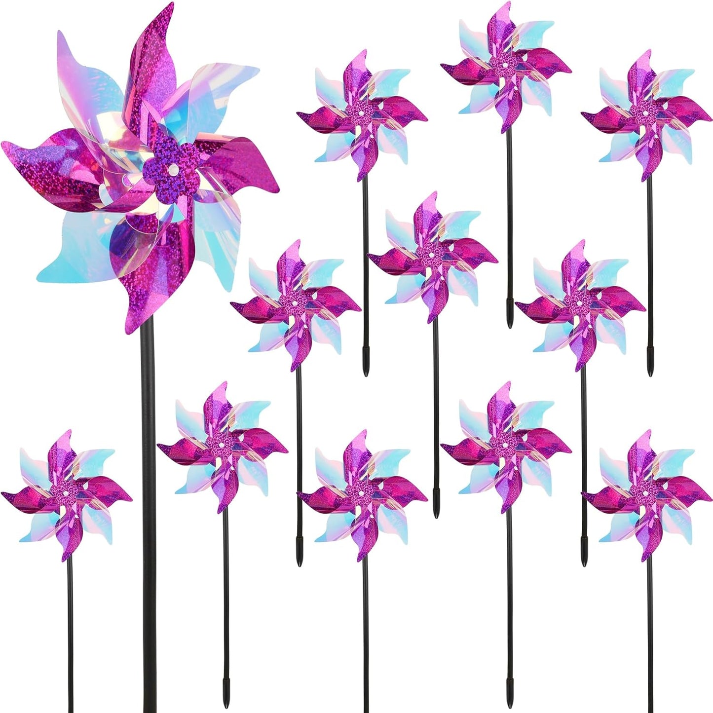 winemana 12 Pcs Reflective Pinwheels Outdoor, Wind Spinners for Yard & Garden, Sparkly Bird Repellent Windmill Scare Birds Away, Deterrent Devices for Outside Patio Lawn Spring Decor (Purple)