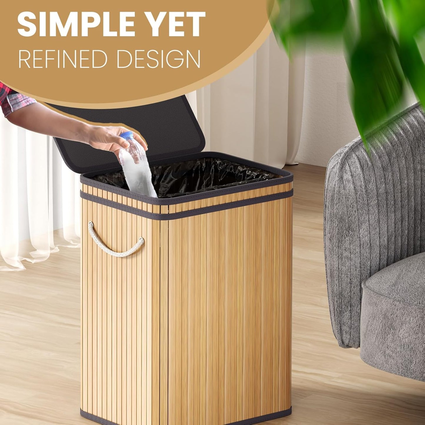80 Liter/21 Gallon Large Trash Can with Lid, Garbage Bin Wastebasket Made of Bamboo, Outdoor Garbage Can/Waste Bin for Home, Office, Bathroom, Kitchen 24" HX15.8 WX11.8 D (Beech S)