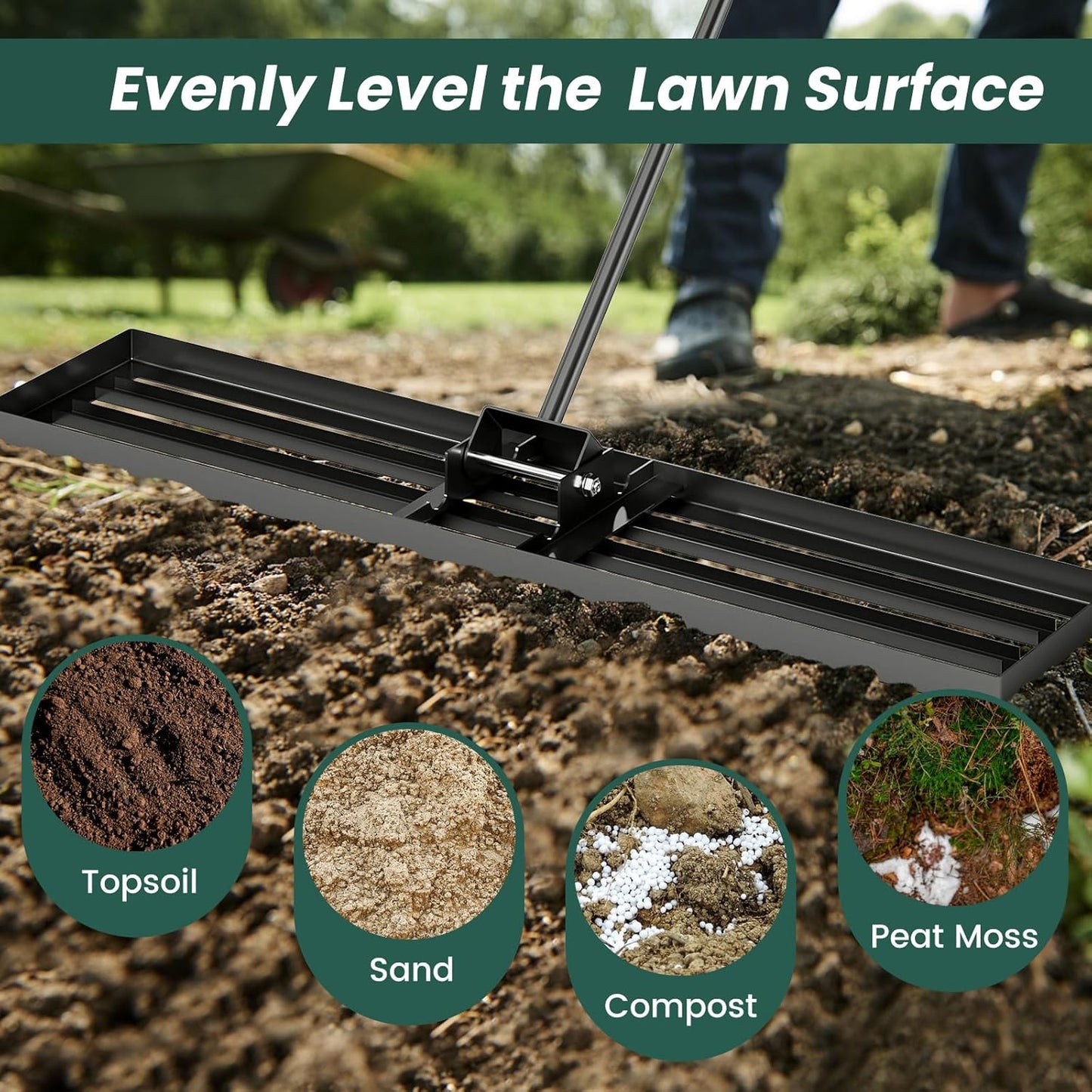 Goplus Lawn Leveling Rake, 46" x 10" Heavy Duty Level Lawn Tool w/ Ergonomic Handle for Soil, Effort-Saving Landscape Rake for Garden, Backyard, Golf Course, Farm, Pasture, Black