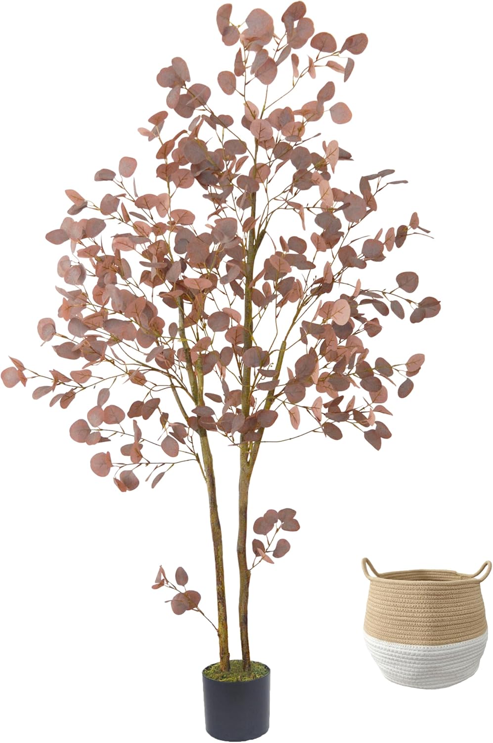 Artificial Eucalyptus Tree, 6ft Fake Eucalyptus Plant with Basket, Red Silver Dollars Silk Leaves Faux Tree for Home Office Perfect Housewares Gift Decoration