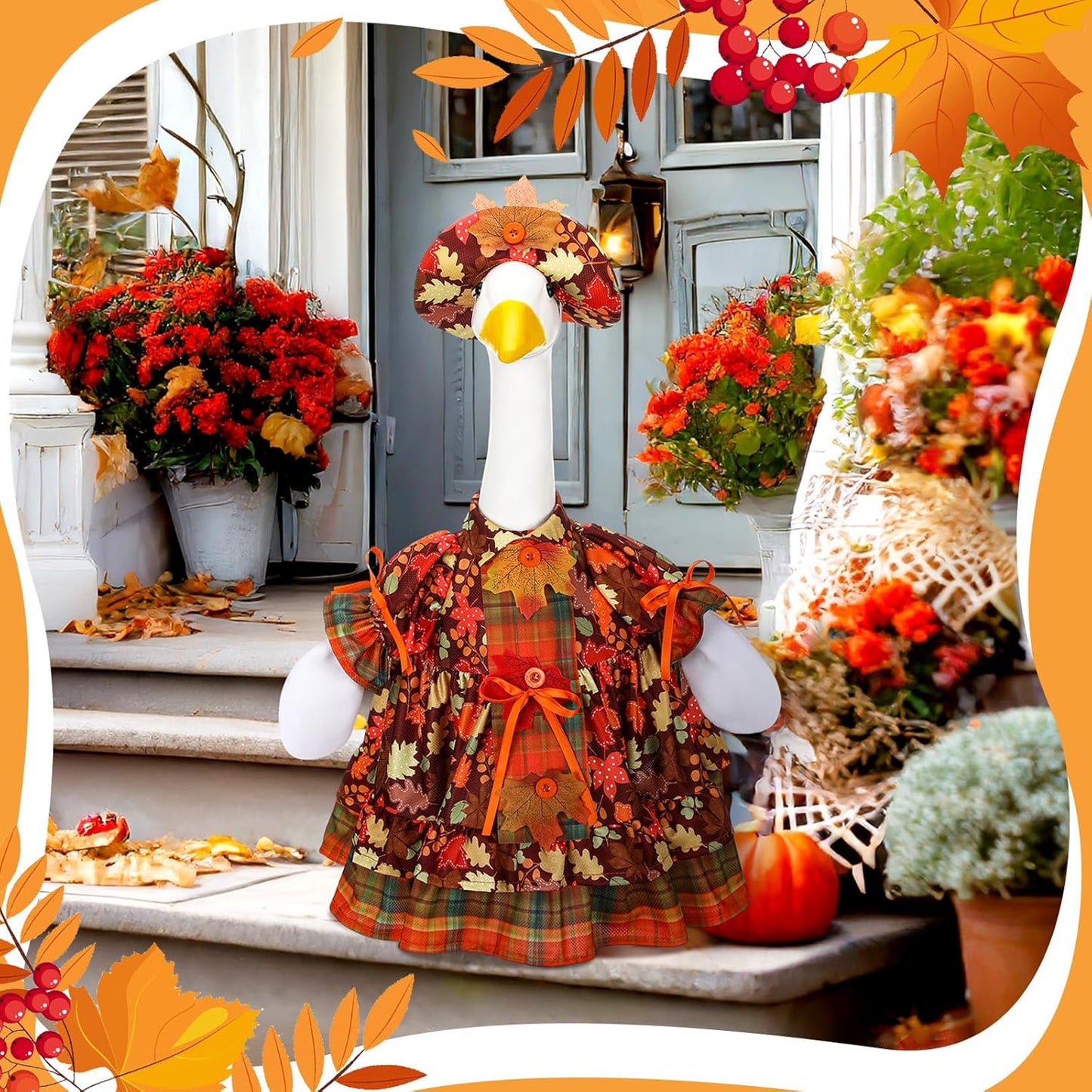 Suzile Autumn Goose Outfit Fall Maple Dresses Clothes for 23" High Cement or Plastic Porch Goose Costume for Yard Lawn Outdoor Garden Patio Statue Thanksgiving Party Xmas Holiday Decor