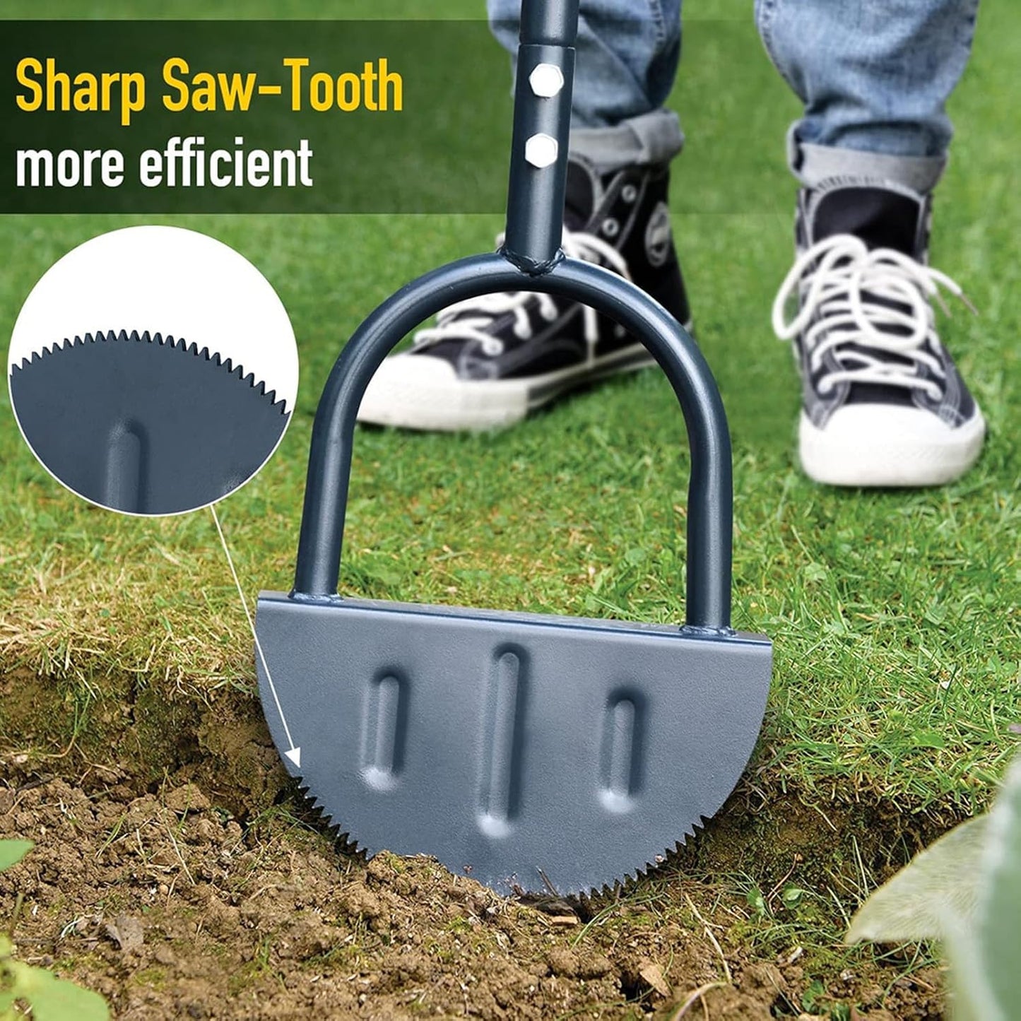 Lawn Edger Tool, Manual Grass Edger, Saw Tooth Garden Edger Hand with Long Handle, Manual Edger, Half Moon Edger for Yard, Garden, Landscaping, Sidewalk, Cable Burying