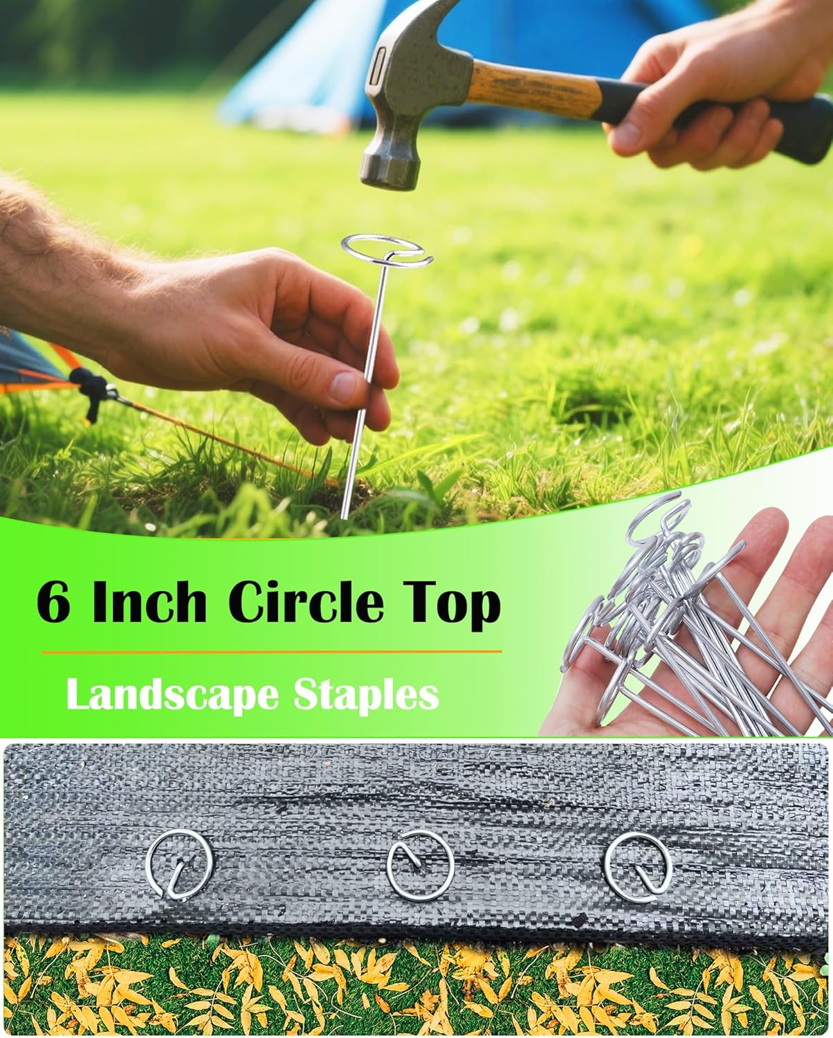 50PCS Landscape Staples + 1 Pick Hook, 6-Inch Yard Stakes, Galvanized Circle Top Landscape Fabric Pins, Grip Than U-Shape Weed Barrier Stake, Metal Garden Staple for Plant Cover/Lawn/Fence/Tent/Ground