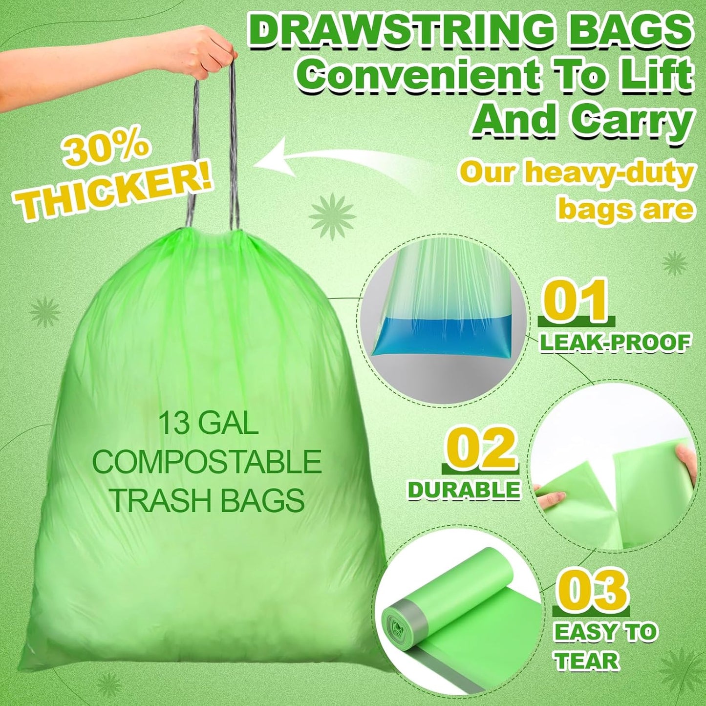 200 Count 13 Gallon Compostable Trash Bags with Drawstring Tall Kitchen Food Scrap Waste Bag Heavy Duty Extra Thick 1 Mil Tear Resistant for Lawn Yard Home Kitchen Office