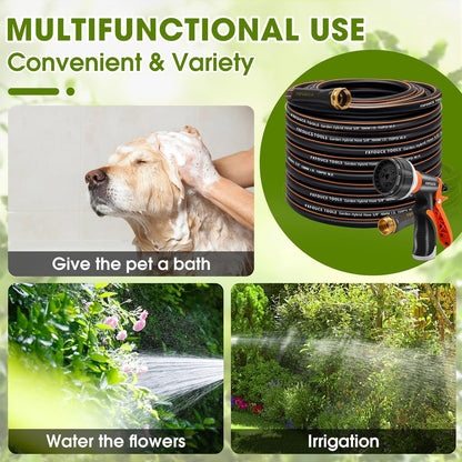 Heavy Duty Garden Hose – 5/8 Inch Flexible, Lightweight Hybrid Hose with 600 PSI Burst Pressure, Swivel Handle, and Durable Copper Male/Female Fittings (Black with hose sprayer, 100FT)
