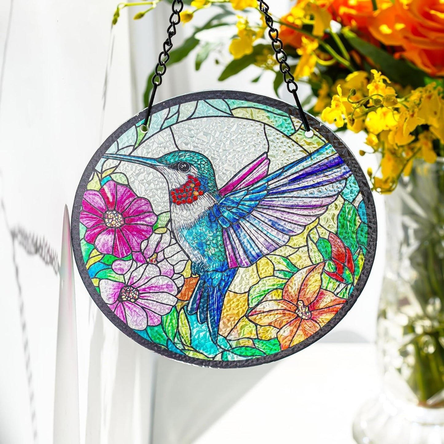 kanpura Suncatcher Stained Glass Window Hanging 6.3 inch Hummingbird Sun Catcher with Hook Sun Catchers Indoor Window Birds Hanging for Wall Art Home Decor Gifts