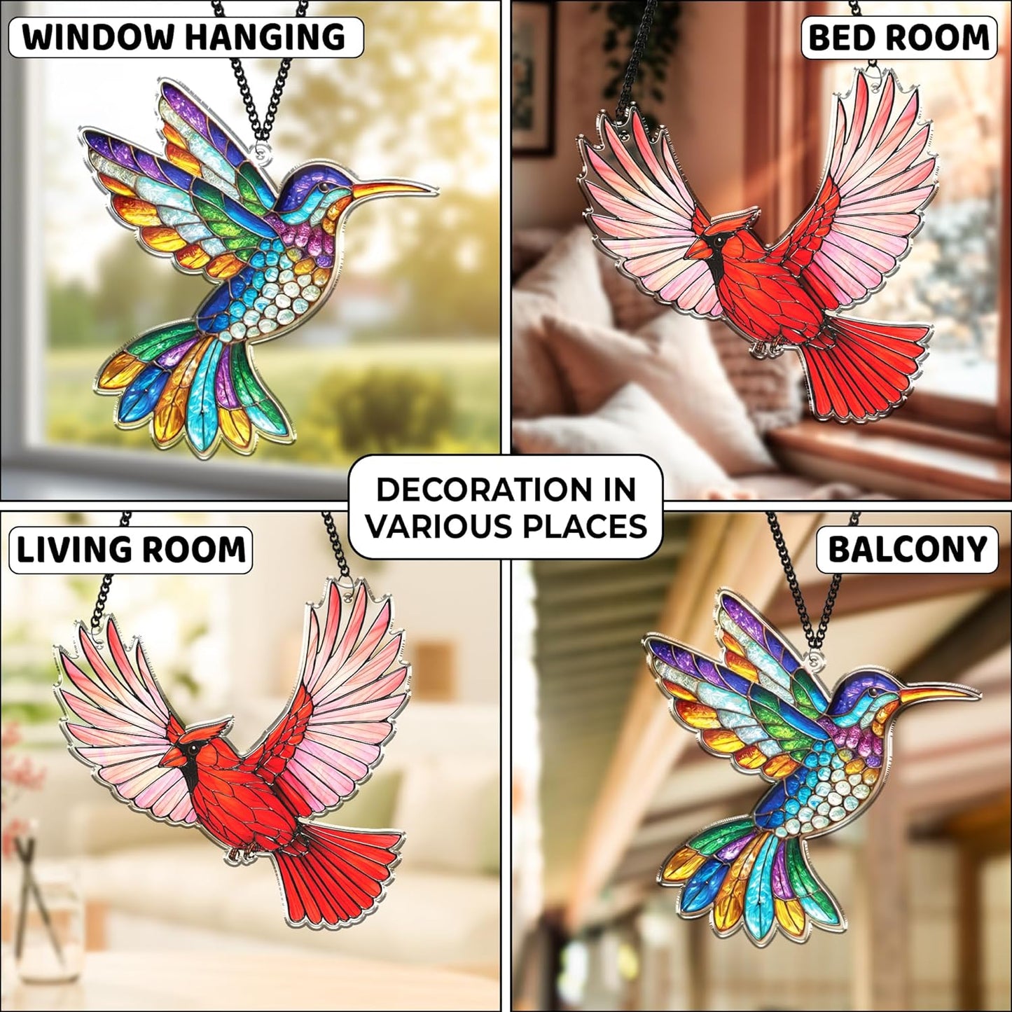 2 Cardinal Hummingbird Acrylic Suncatchers, Bird Window Hanging Ornaments, Fall Decorations for Home, Gifts for Bird Lovers, Women, Friends, Memorial Keepsake SS351