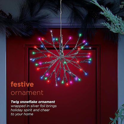 Alpine Corporation 10"H Indoor Christmas Snowflake Ornament with Multi-Colored LED Lights, Silver , Christmas Decoration