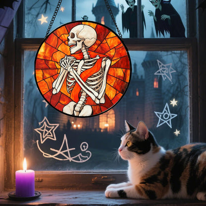 Stained Glass Window Hanging - Halloween Decorations Fear Skeleton Suncatcher for Doors Garden Indoor Spooky Funny Sun Catchers Gothic Decor Horror Gifts for Women Men Friend 11.8 in