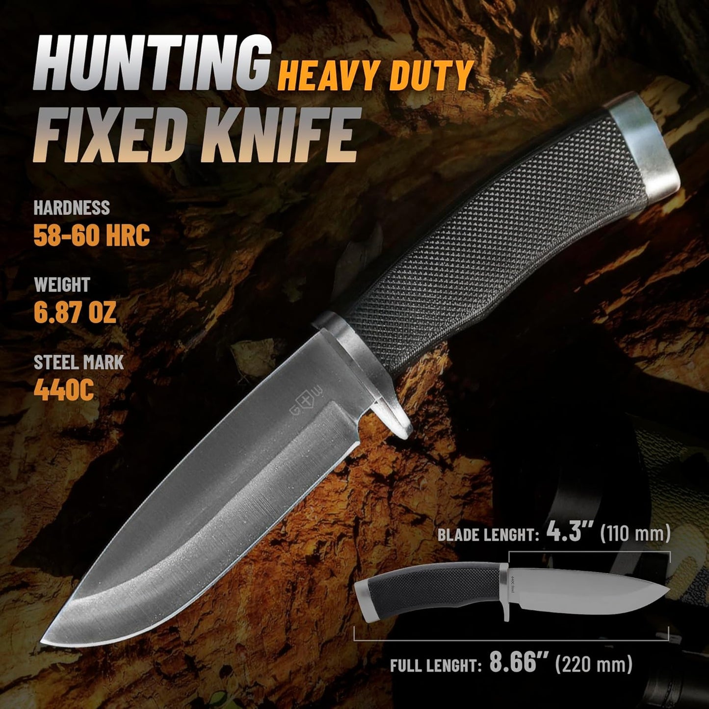 Hunting Knife with Sheath Survival Knives for Men - Best Tactical Camping Hunting Hiking Knife - Bushcraft Field Gear Accessories Tool - Fixed Blade Sharp Knofe with Rubber Handle for Men 148109