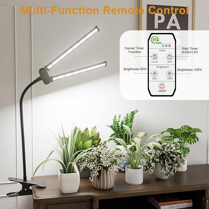 Juhefa LED Grow Light,Super Bright 6000K White Full Spectrum Clip Plant Growing Lamp with Rotatable Dual Head for Indoor Desk Plants,Dimmable & Timer 4/8/12H,High Power Output for Faster Growth,1-Head