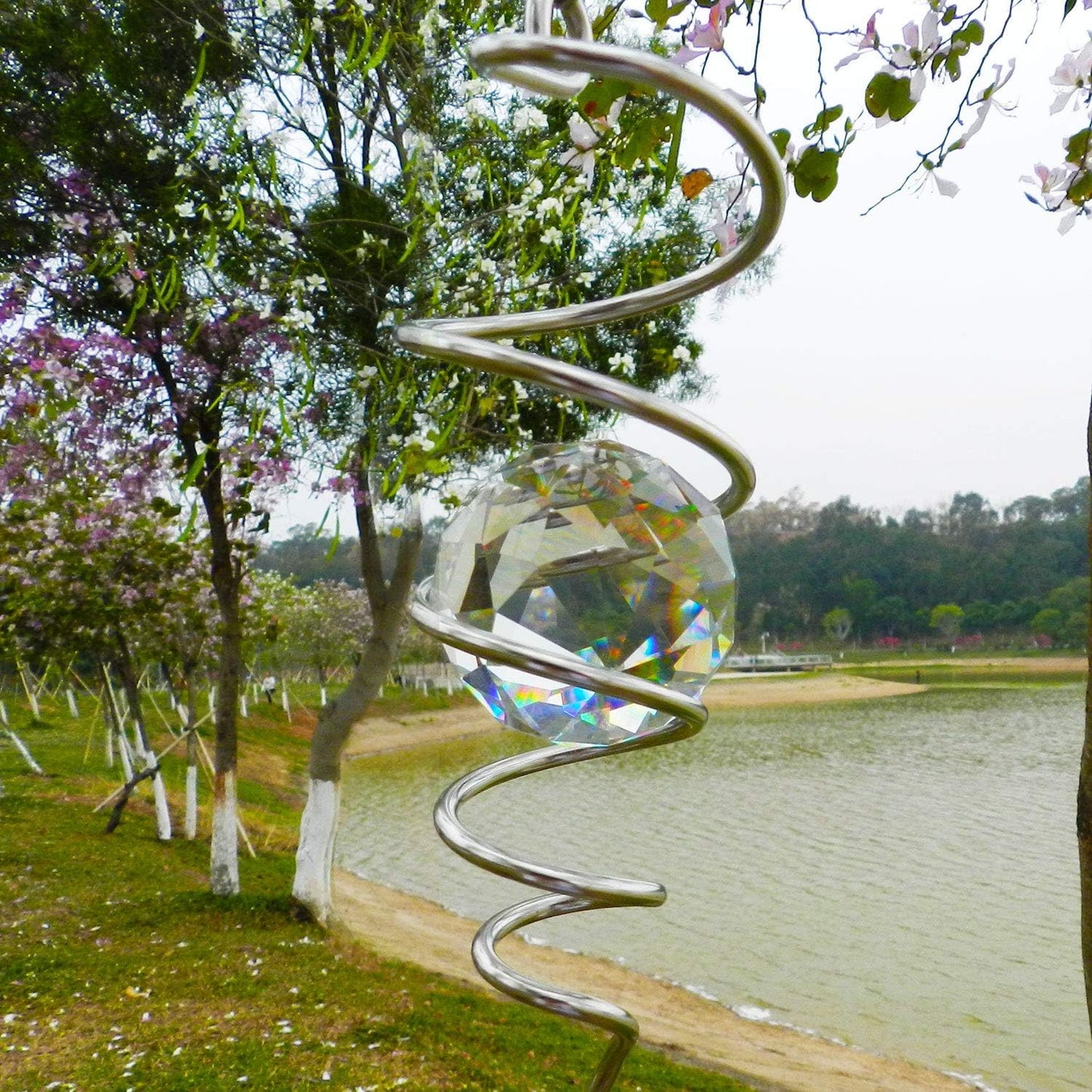 FONMY Gazing Ball Spiral Tail -Decorative Wind Spinner Sun Catcher 11 inch Tail and 2 inch Clear Crystal Orb. Indoor Outdoor Garden Decoration -13 inch Height