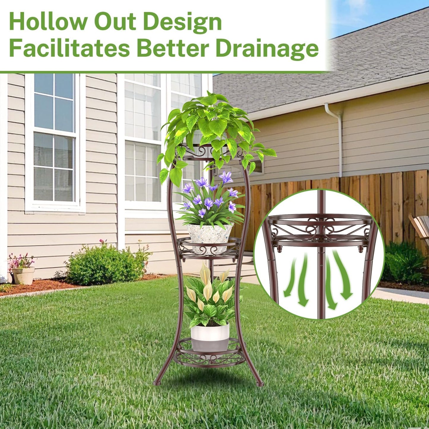 iDavosic.ly 3 Tier Tall Metal Plant Stand Indoor Outdoor, Wrought Iron Corner Flower Pot Holder Shelf, 34 Inch Vertical Display Rack for Patio Porch Living Room Garden, Bronze