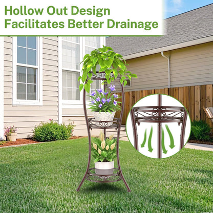iDavosic.ly 3 Tier Tall Metal Plant Stand Indoor Outdoor, Wrought Iron Corner Flower Pot Holder Shelf, 34 Inch Vertical Display Rack for Patio Porch Living Room Garden, Bronze