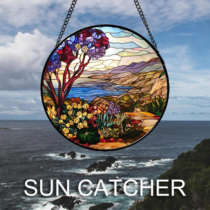 Stained Glass Window Hanging Retro Wildflowers Lake Mountain Scenery Large 15" - Suncatcher Door Garden Sun Catcher Home Decor Birthday Christmas for Mom Men Woman Friend
