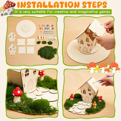 Kathfly 8 Sets Wooden Fairy House Craft Kit, Fairy Garden Kit with Paints & Decorations, Unpainted Miniature Accessories for Home Event Party Decor, Arts Crafts Birthday Gift