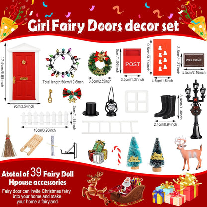 Shappy 39 Pcs Christmas Fairy Door Kit Wooden Elf Fairy Doors Decorations with Accessories Mini Door Tiny Miniature for Christmas Tale DIY Craft Garden Home Party Decoration(Red)