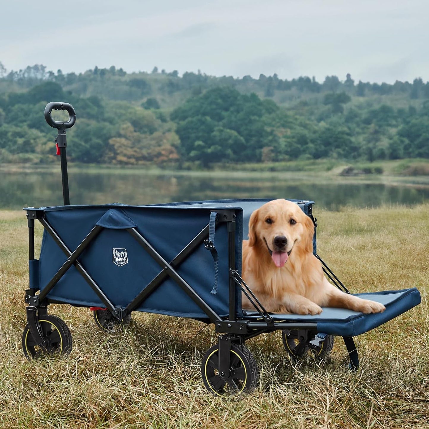 Timber Ridge 49" Extra Long Collapsible Folding Wagon with Tailgate and Brakes, 300lbs Heavy Duty Foldable Wagon with Adjustable Handle, 250L Capacity Portable Cart for Outdoor Camping Sports, Blue