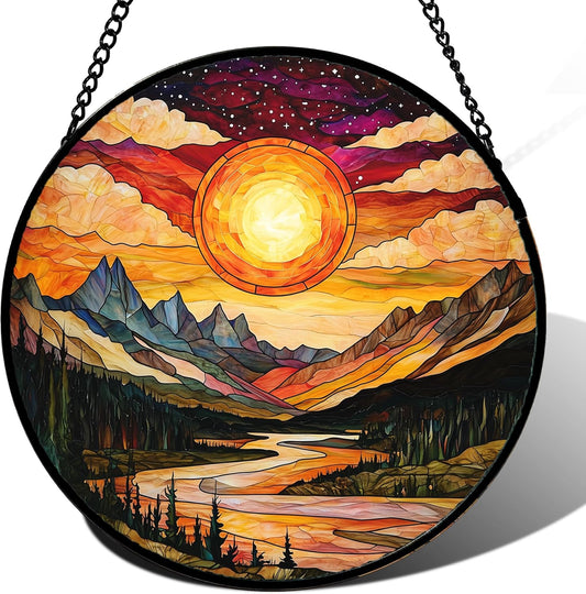 Stained Glass Window Hanging, Dusk Sunset Landscape Sun Catchers Glass Panel Lakes and Mountains