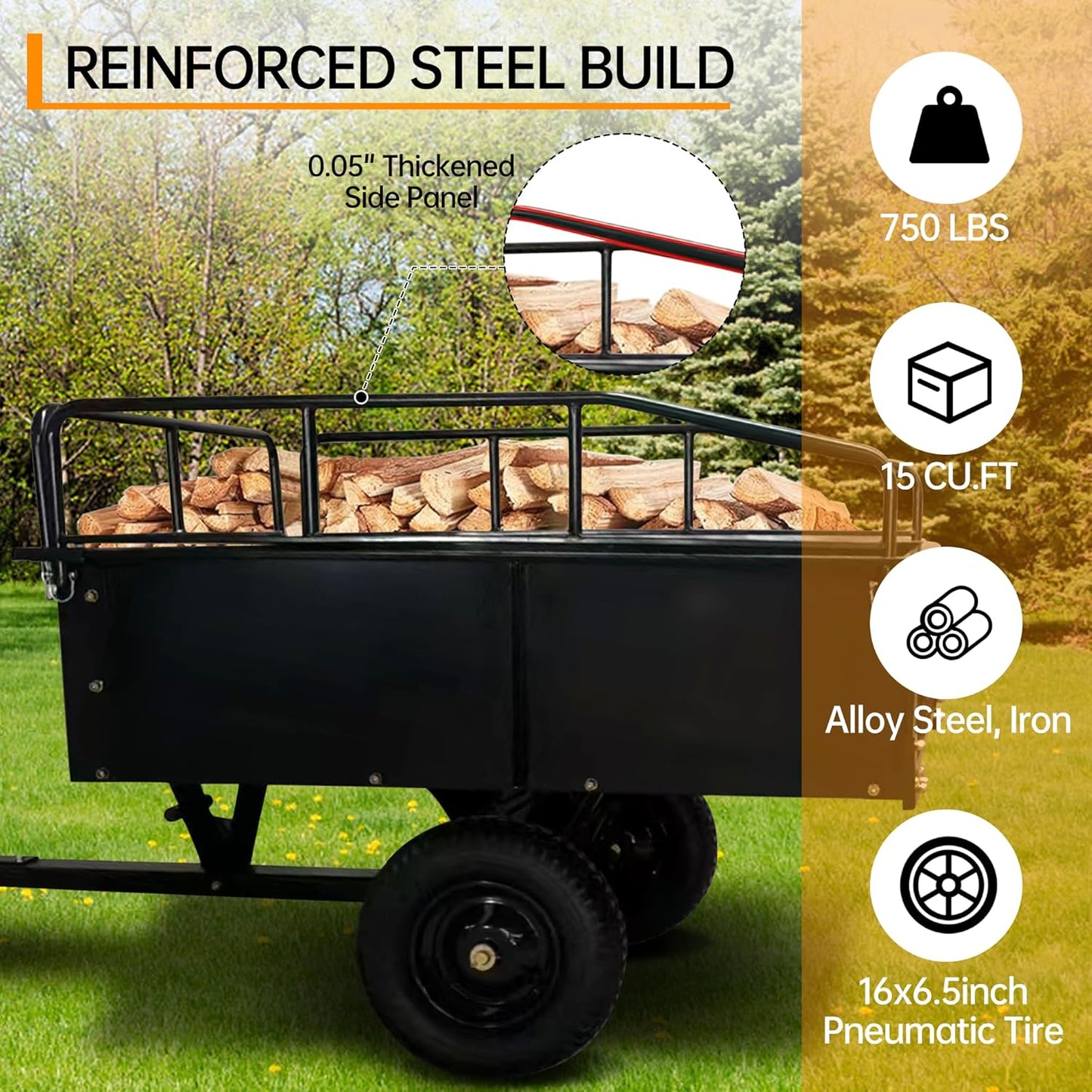 750 LBS Heavy Duty ATV Trailer Tow Behind Steel Dump Cart, 15 Cu. Ft Garden Utility Trailer with Removable Sides & Rear Hitch for Riding Lawn Mower Tractor, Black