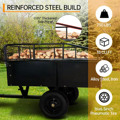 750 LBS Heavy Duty ATV Trailer Tow Behind Steel Dump Cart, 15 Cu. Ft Garden Utility Trailer with Removable Sides & Rear Hitch for Riding Lawn Mower Tractor, Black